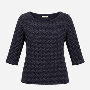 Top Navy Blue Textured Three Quarter Sleeve Pocket