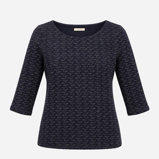 Top Navy Blue Textured Three Quarter Sleeve Pocket