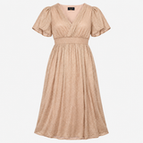 Dress V-Neck Flutter Sleeve Metallic Gold Sparkle