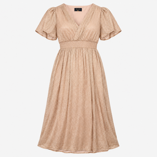 Dress V-Neck Flutter Sleeve Metallic Gold Sparkle