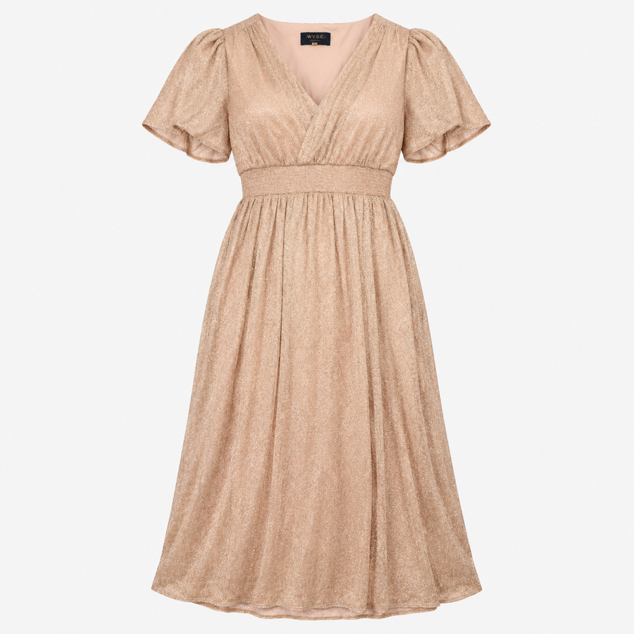 Dress V-Neck Flutter Sleeve Metallic Gold Sparkle