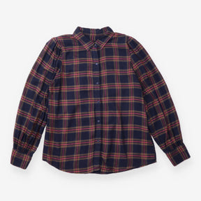 Shirt Navy Rose Plaid Puff Sleeve Rayon Cotton