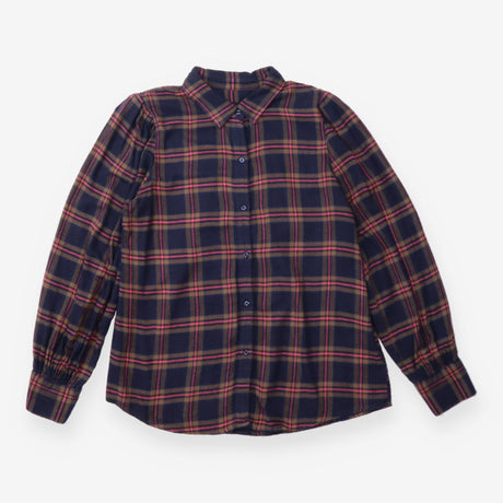 Shirt Navy Rose Plaid Puff Sleeve Rayon Cotton