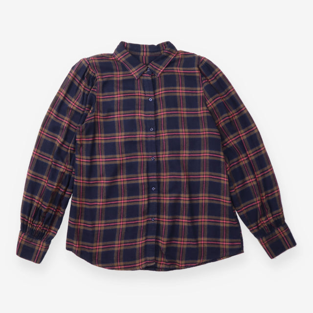 Shirt Navy Rose Plaid Puff Sleeve Rayon Cotton