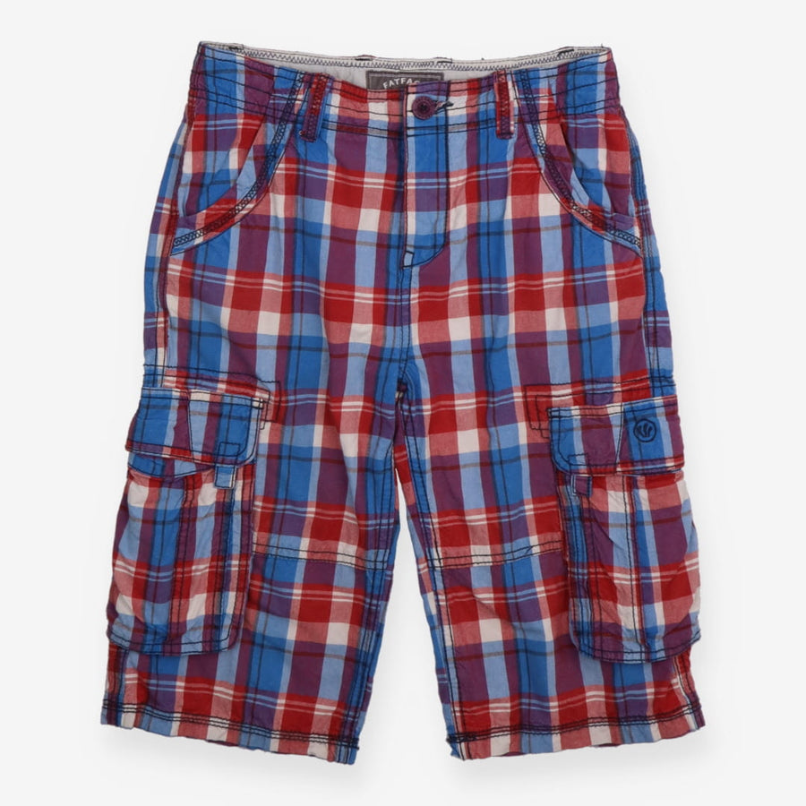 Blue and red checked board shorts