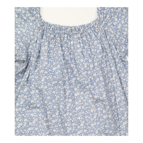 Top Blue White Floral Print Cotton Elasticated Nec