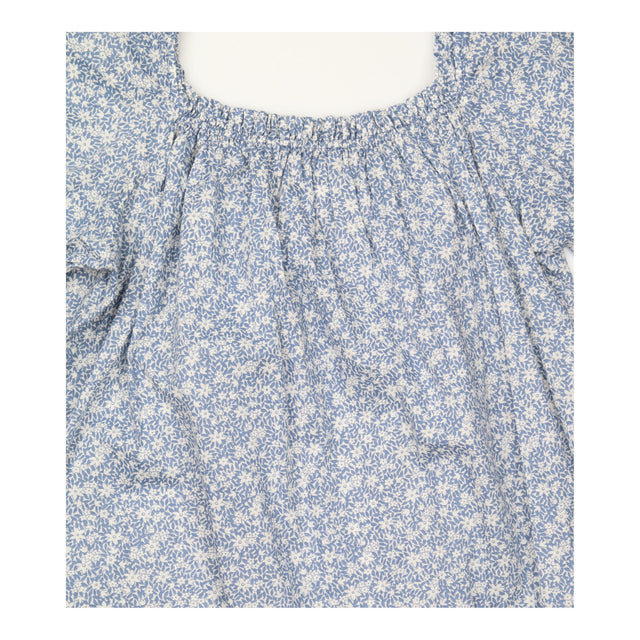Top Blue White Floral Print Cotton Elasticated Nec