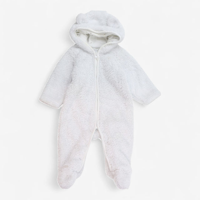 Pramsuit white fluffy with bear ears