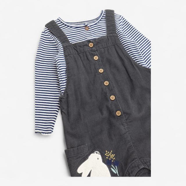 Dungaree Cord Grey Rabbit with Striped Bodysuit