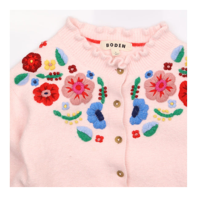 Cardigan Pink Floral Embroidered Long Sleeve Crew 