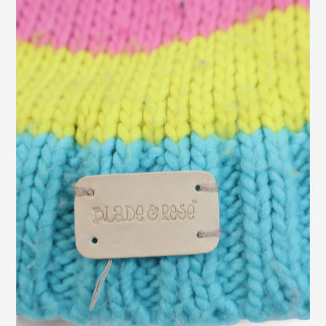 Bobble Hat Green Pink and Yellow Stripe
