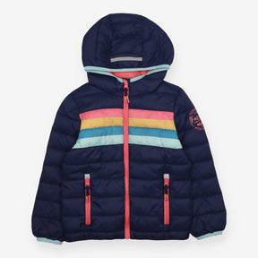 Coat puffa navy blue coloured stripes hood