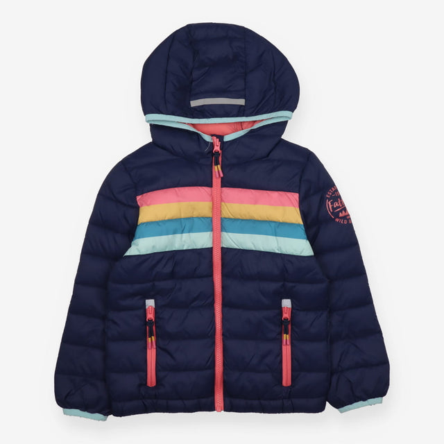 Coat puffa navy blue coloured stripes hood