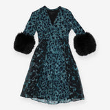 Prorsum Teal Printed Fur Trimmed Dress