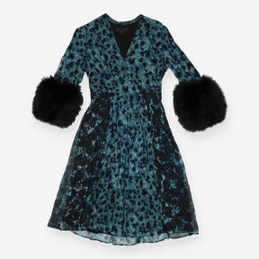 Prorsum Teal Printed Fur Trimmed Dress