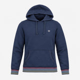 Hoodie Navy Blue Striped Trim Pocket Drawstring Lo