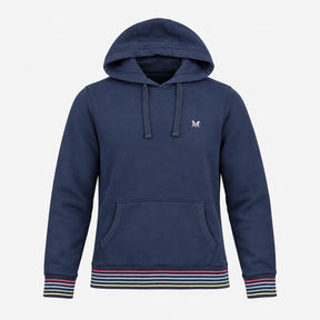 Hoodie Navy Blue Striped Trim Pocket Drawstring Lo