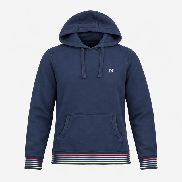 Hoodie Navy Blue Striped Trim Pocket Drawstring Lo