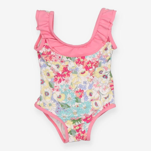 Swimsuit white floral pink edging and frill
