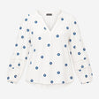 White Crinkle Blouse with Navy Floral Embroidery