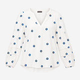 White Crinkle Blouse with Navy Floral Embroidery