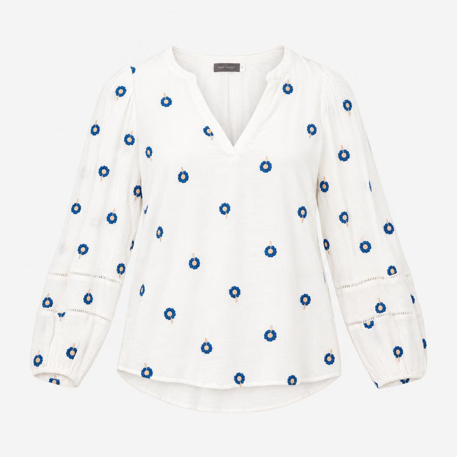 White Crinkle Blouse with Navy Floral Embroidery