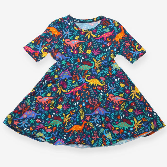 Navy Dinosaurs with Florals Dress - Popsy