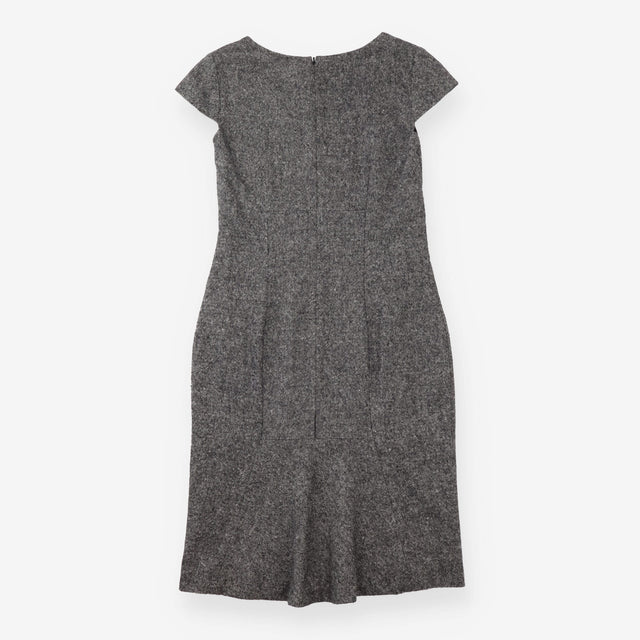 Shift Dress Charcoal Tweed V Neck Cap Sleeve