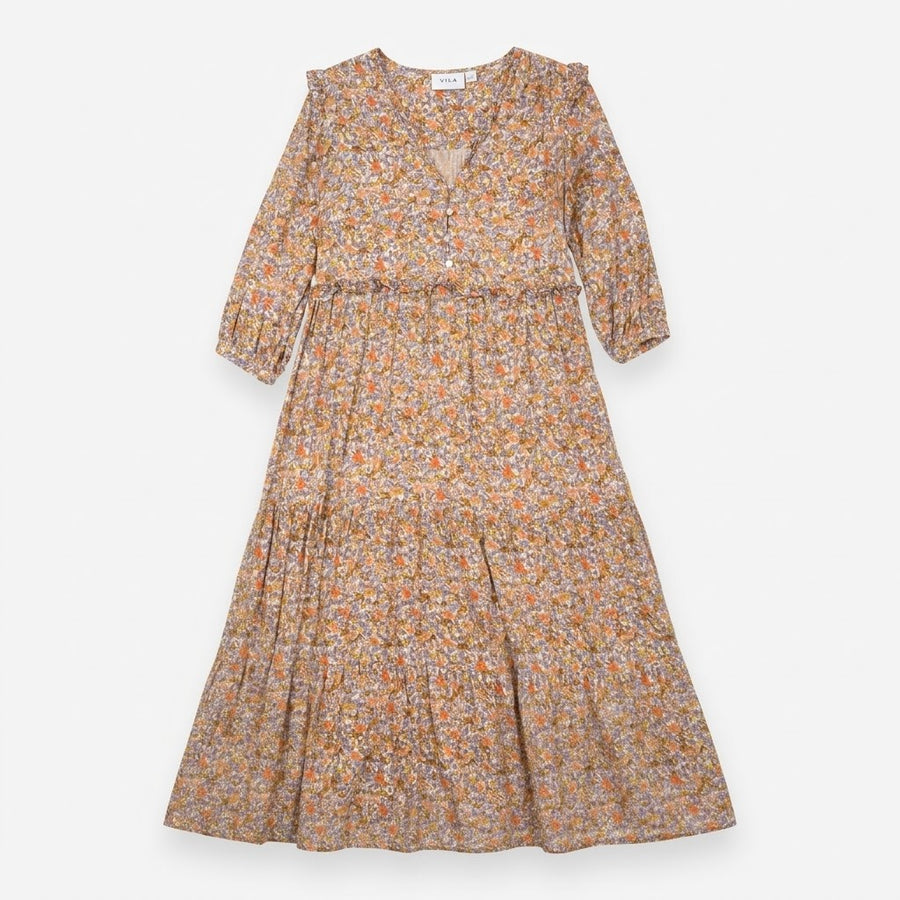 Ochre Yellow & Blue Floral Ruffle Tiered Maxi Dres