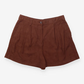 Shorts Brown Linen Blend High Waisted Pleat Front