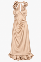 Midi Dress Nude Gold Ruffle Halterneck Fitted Occa