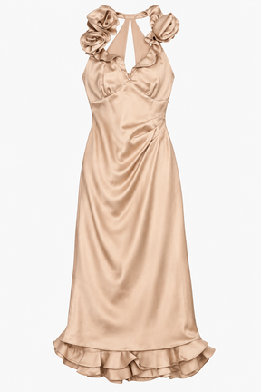 Midi Dress Nude Gold Ruffle Halterneck Fitted Occa