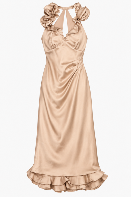Midi Dress Nude Gold Ruffle Halterneck Fitted Occa