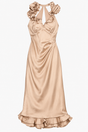 Midi Dress Nude Gold Ruffle Halterneck Fitted Occa