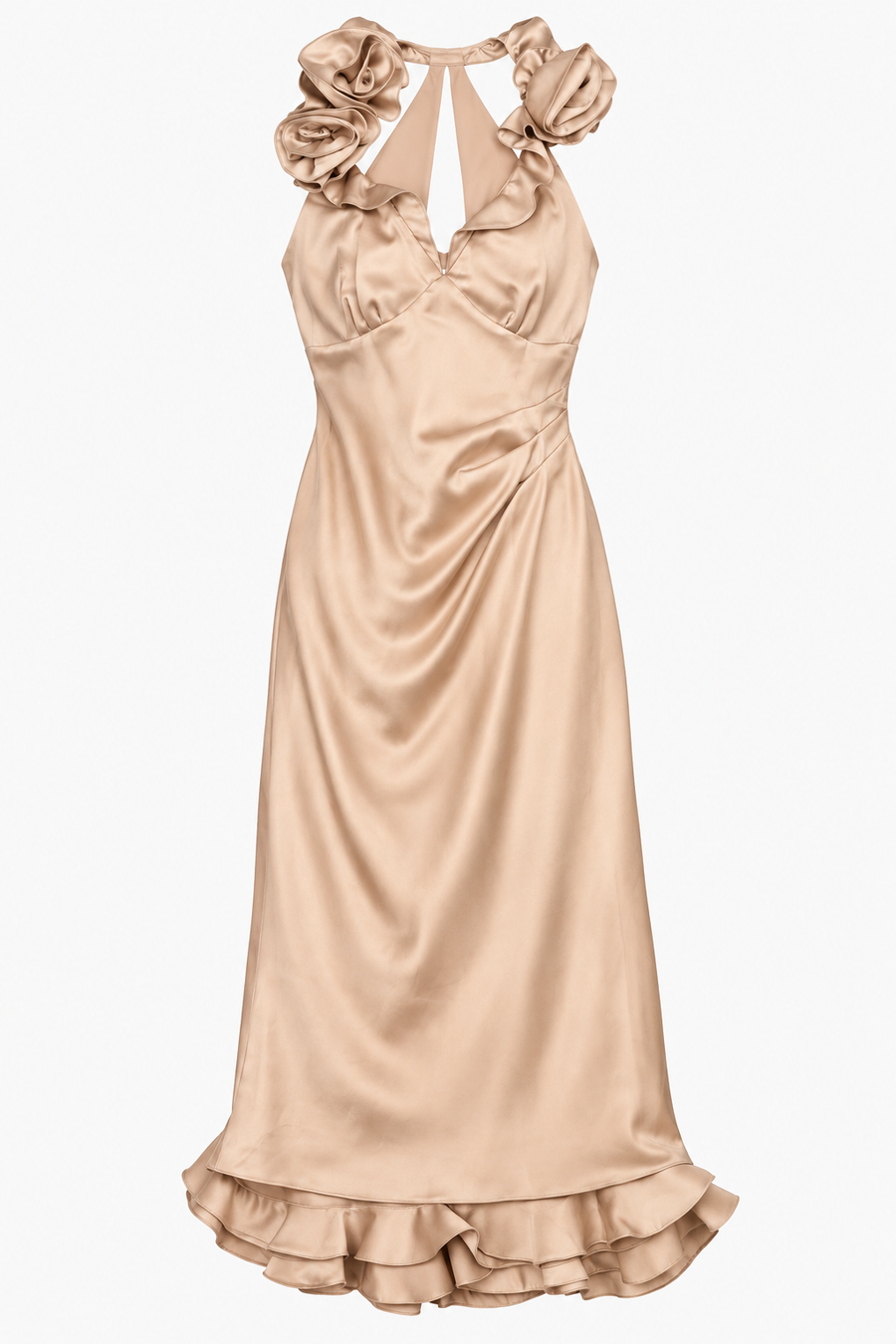 Midi Dress Nude Gold Ruffle Halterneck Fitted Occa