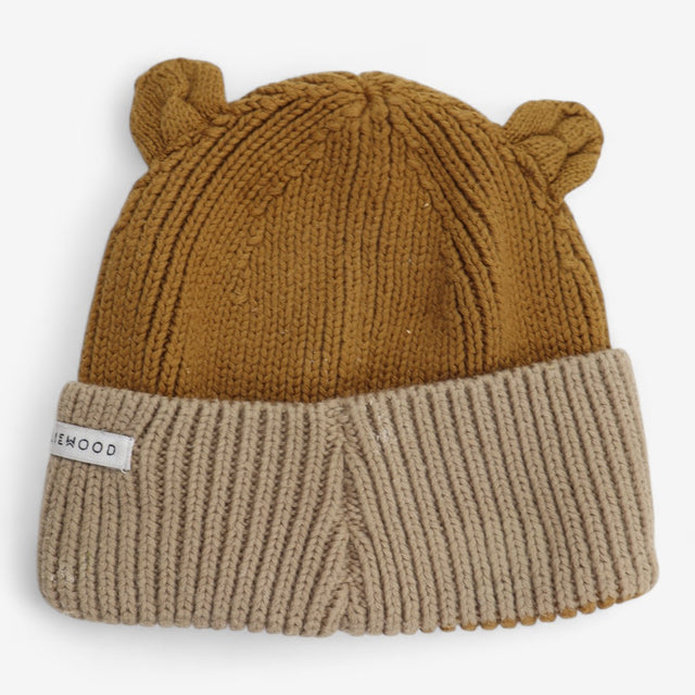 Hat knitted mustard and beige with ears