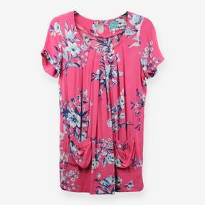 Pink Floral Short Sleeve Gathered Neck Dress