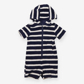 Romper navy blue white stripe towelling hood