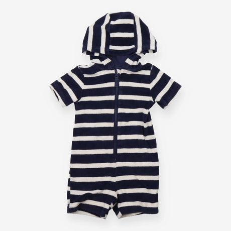 Romper navy blue white stripe towelling hood