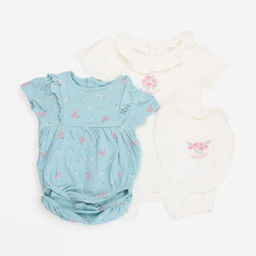 Sleep suit and romper rose design set cream and gr