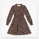 Midi Dress Navy Floral Print Smocked Waist Long Sl
