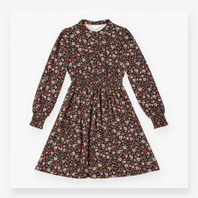 Midi Dress Navy Floral Print Smocked Waist Long Sl