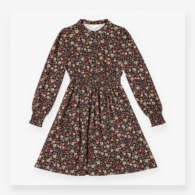 Midi Dress Navy Floral Print Smocked Waist Long Sl