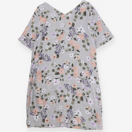 Midi Dress Grey Peach Floral Relaxed Short Sleeve
