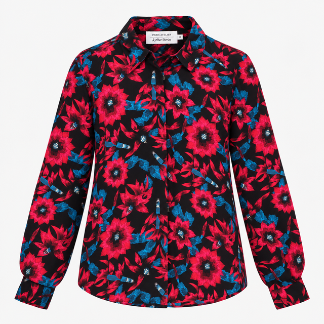 Floral Blouse Black Pink Long Sleeve