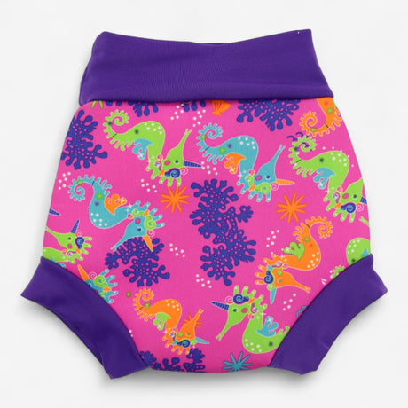 Swim Nappy Pink with Seahorses & Purple Trim