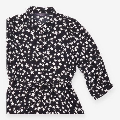 Dress Black White Star Print Collared Long Sleeve 