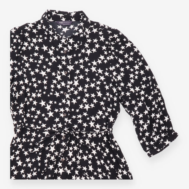 Dress Black White Star Print Collared Long Sleeve 