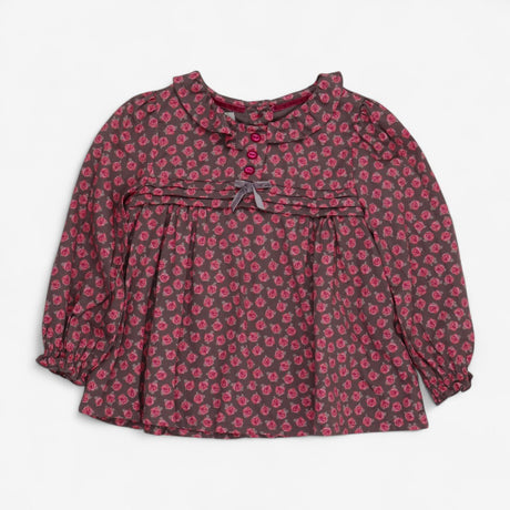 Blouse Woven Brown with Pink Roses and Buttons