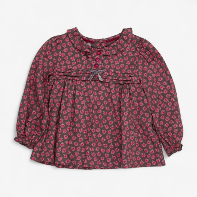 Blouse Woven Brown with Pink Roses and Buttons
